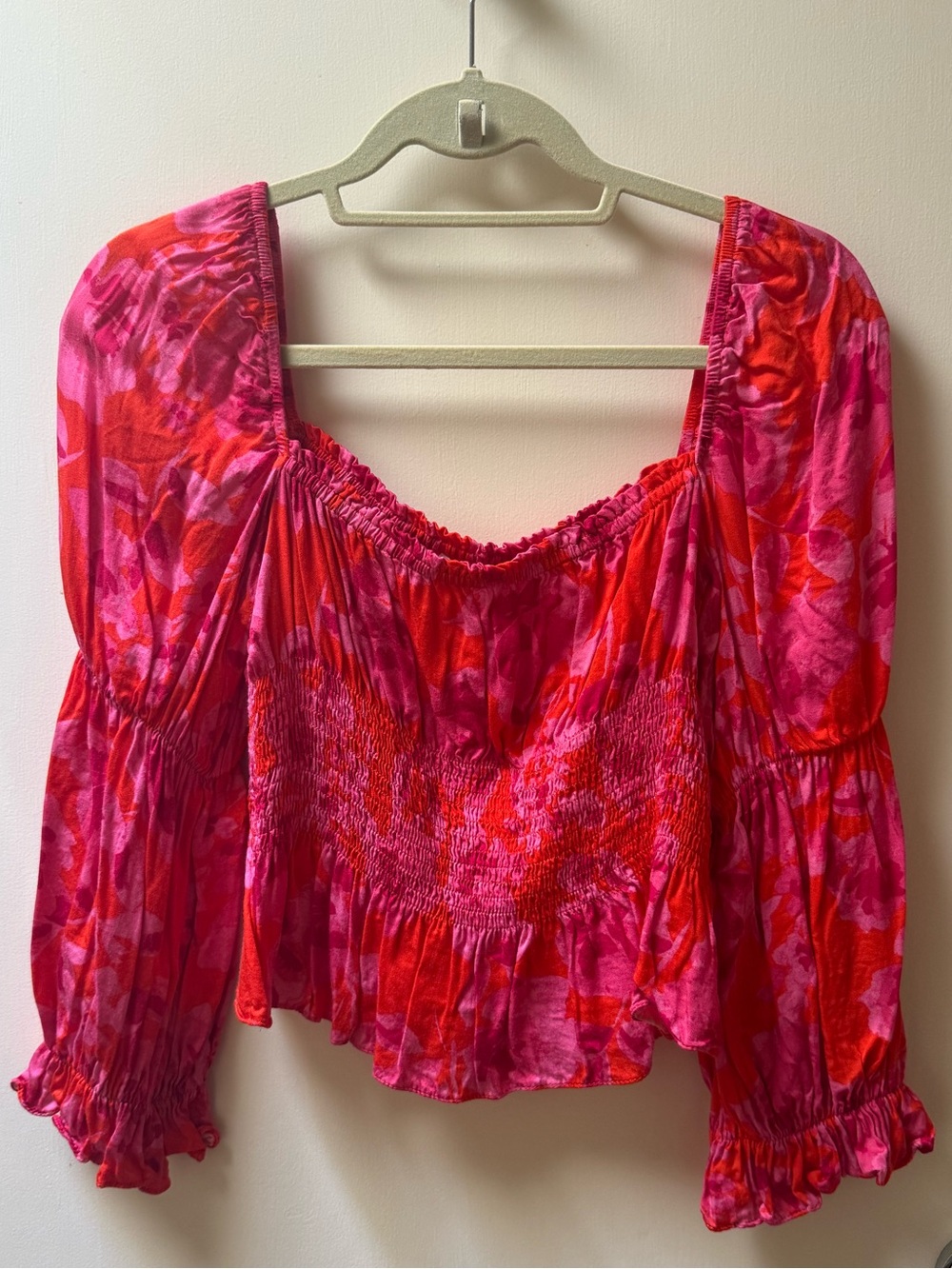 Olivaceous Pink & Red Floral Smocked Peasant Blouse